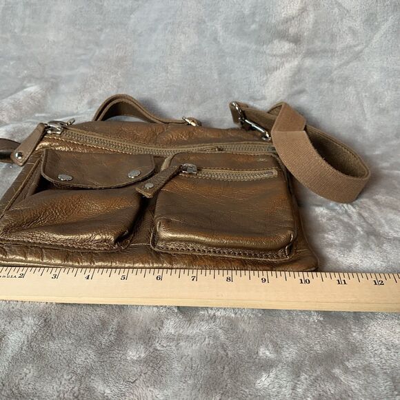 Fossil Crossbody Bag Front Pockets Metallic Bronze/Chocolate Pebbled Leather - Picture 8 of 16
